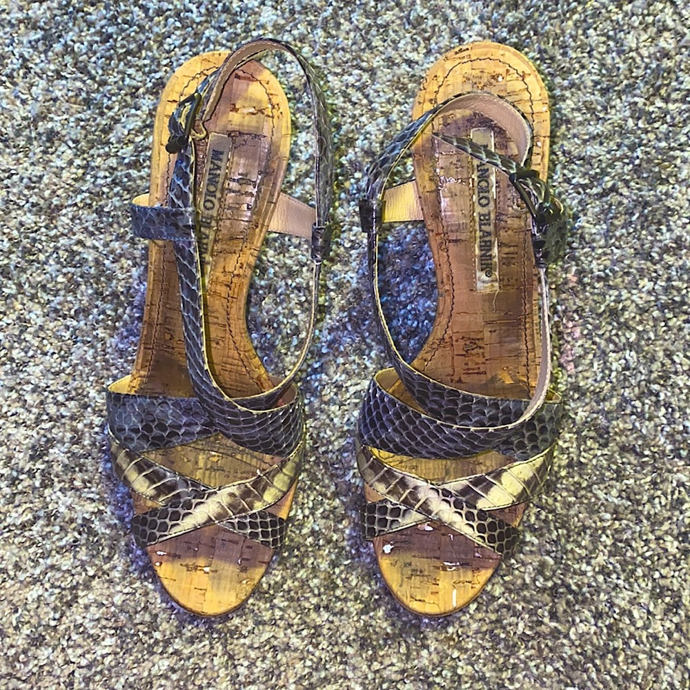 Manolo Blahnik snakeskin sandals.